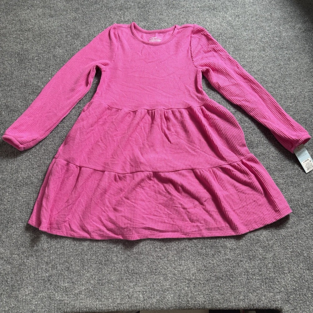 NWT Cat & Jack Girls Long Sleeve Cozy Waffle Knit Dress Pink Tiered Large 10/12
